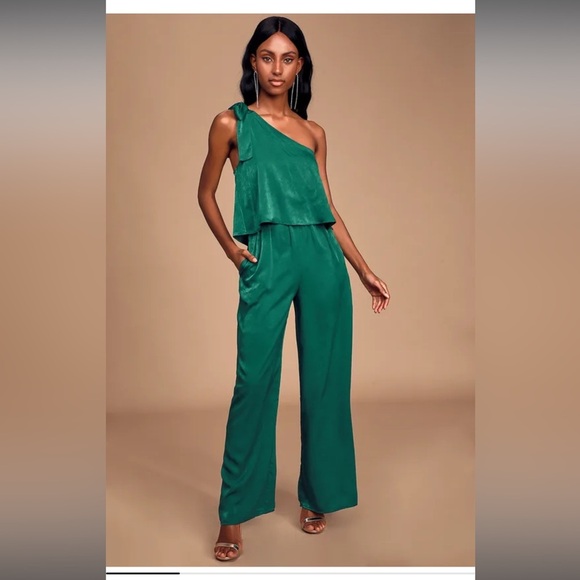 Lulus Pants - Lulu’s Emerald Green One Shoulder Jumpsuit | XS